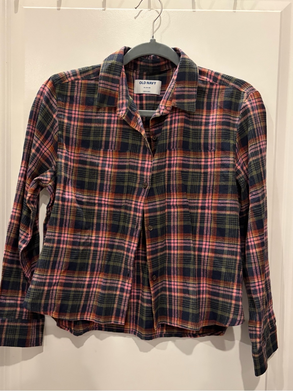 Old Navy Navy, Pink & Olive Plaid Flannel Shirt